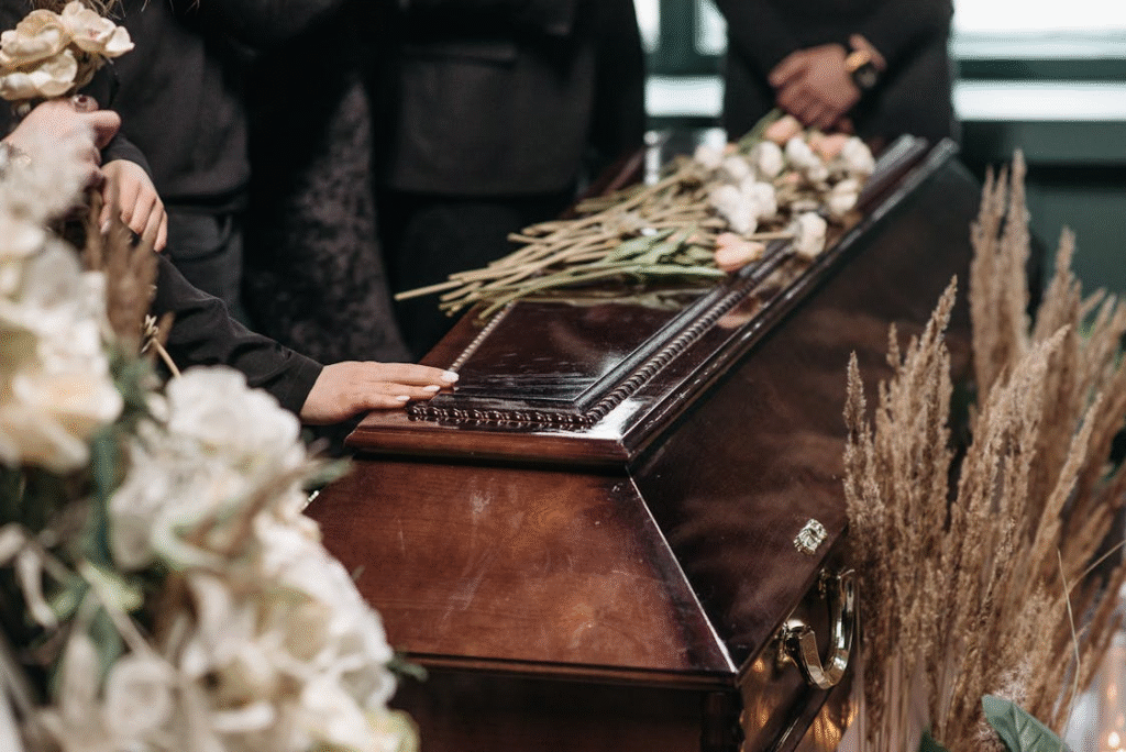 A funeral with a casket.